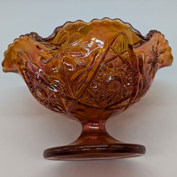 Vintage Carnival Glass Marigold Iridescent Footed Compote Fruit Bowl Dish - Picture 7 of 9